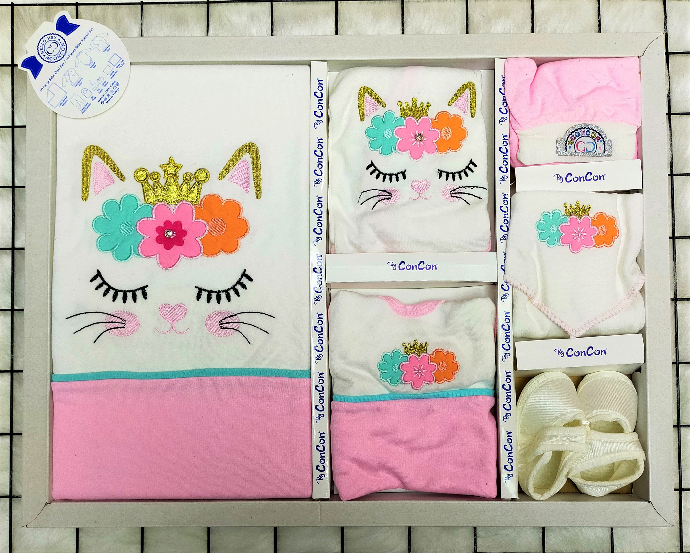 10 Parça Hastane Çıkış Seti Pembe Renk Kedicik Desenli